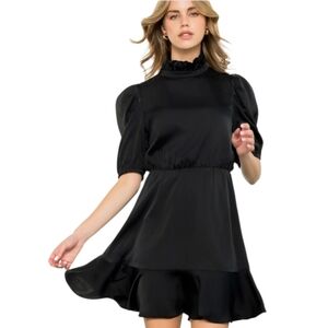 THML Mini Dress Short Puff Sleeve Flutter Mock Neck LBD Black Womens Size Medium